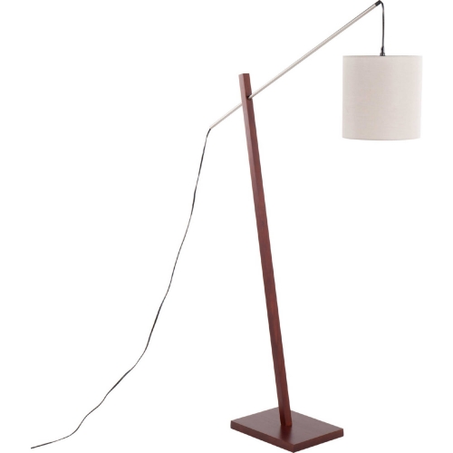 Arturo Floor Lamp in Walnut Wood, Satin Nickel & Grey Fabric Shade